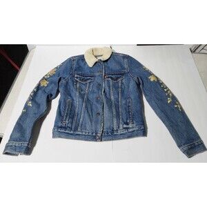 New Levi’s Women’s Embroidered Sherpa Wool Trucker Gold Flower Jacket Size SMALL